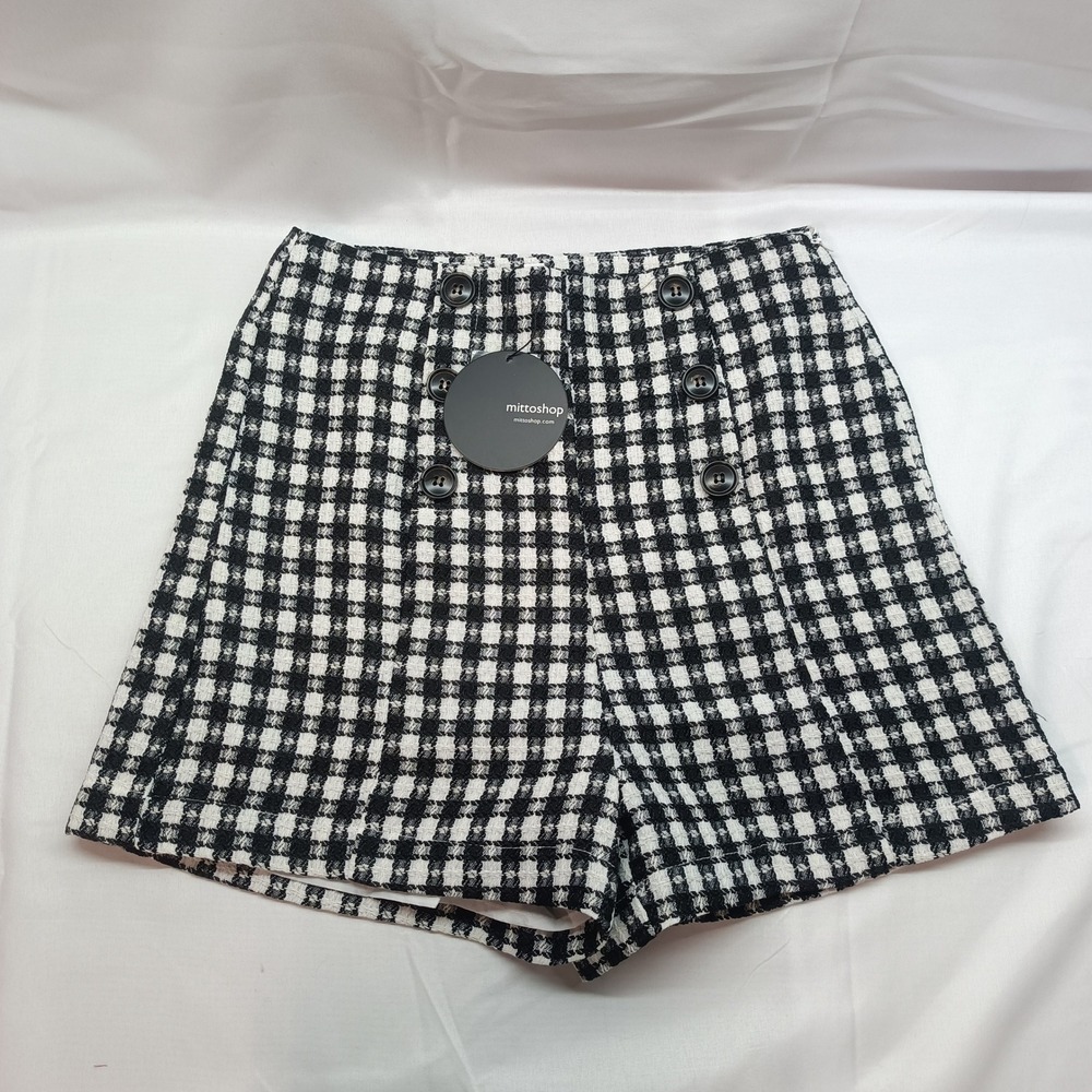 Mittoshop Plaid Tweed Blazer Shorts Set Black White Cropped Suit Womens S Office - Picture 8 of 12